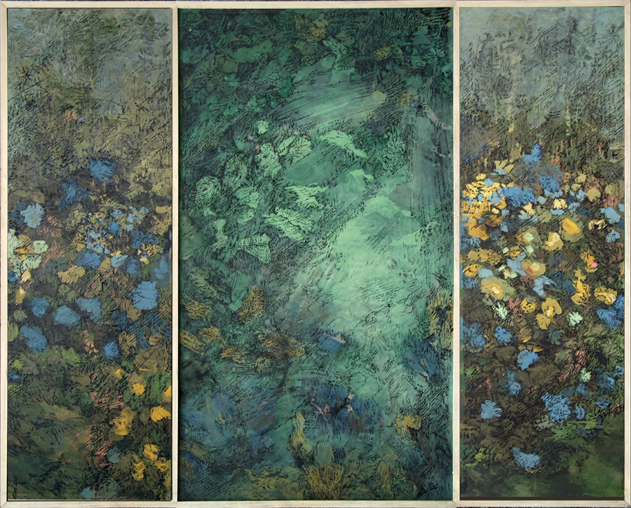 Tempera mit tusche. Das Bild zeigt im Tryptichon flankiert von Kleinleben einen Schein